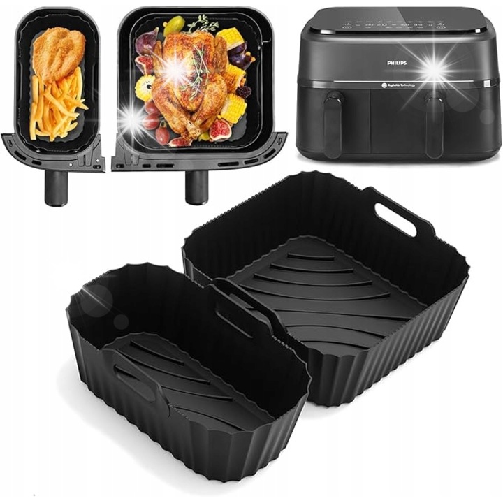 Силиконова вложка за фритюрник Philips Dual Basket Airfryer от серия 3000, черна, 19,5x16,5x5см, комплект за многократна употреба