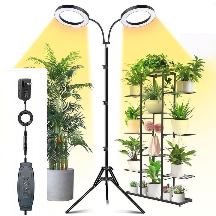 Lampa pentru cresterea plantelor, Wacorresi®, 2 CapeteTrepied, Timer Automat 3/9/12h, pentru cresterea accelerata a plantelor, intensitate lumina ajustabila, inaltime reglabila, 3 Moduri de Lumina, Alimentare USB, negru