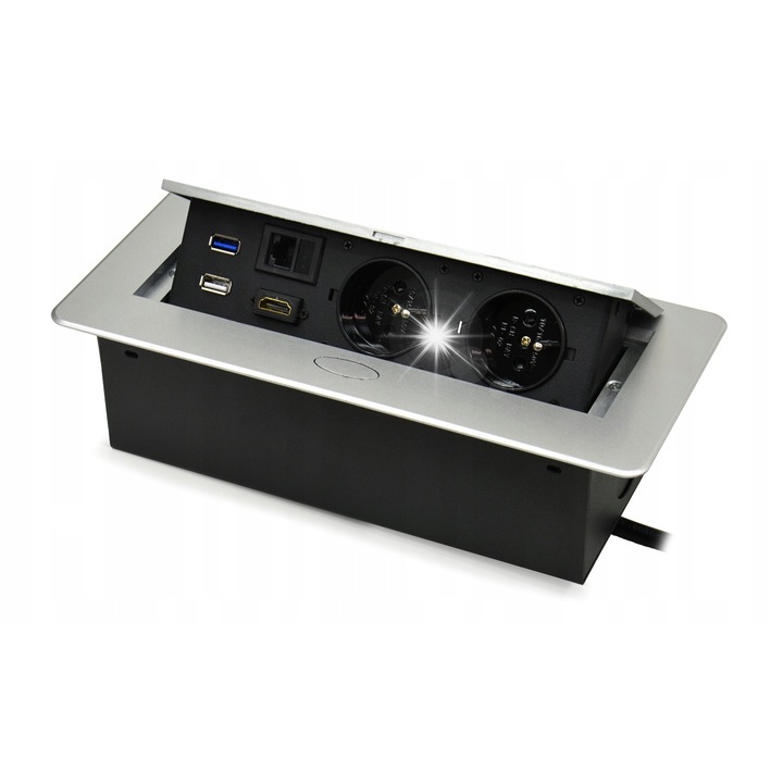 Настолен контакт USB HDMI, 2x френски, 1,5м, сребърен, 26,4x11,7см