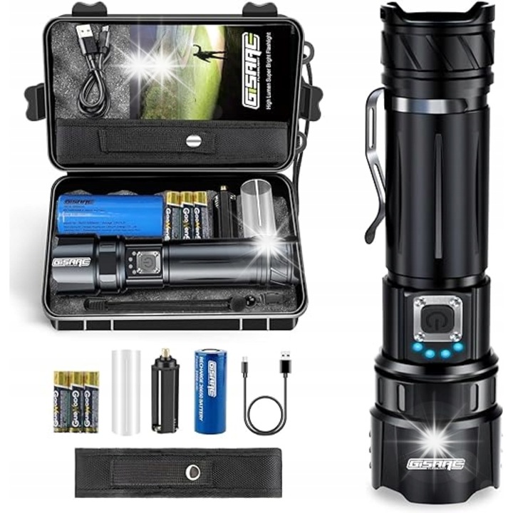 LED фенер 20000 лумена, водоустойчив, 5 режима на осветяване, 1000м обхват, пълен комплект