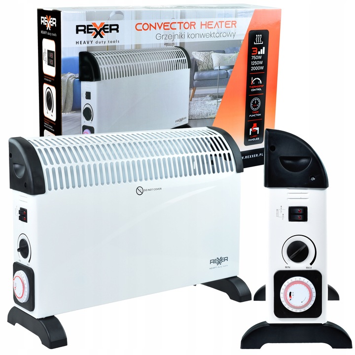 Convector electric Rexxer 2000 W, timer, termostat, alb - eMAG.ro