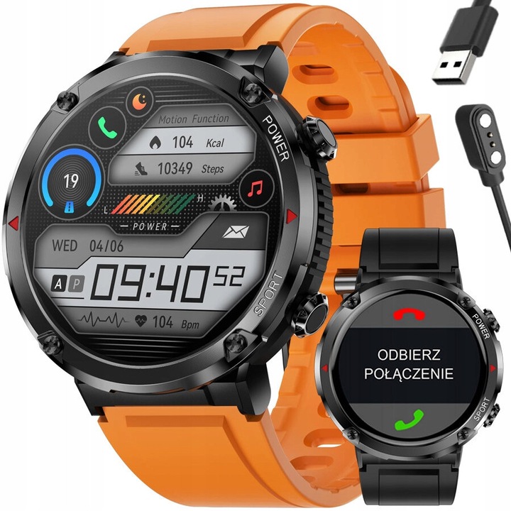 Smartwatch Gravity GT21-2, 1,6 inch, IP67, set cu 2 bratari (neagra si portocalie)