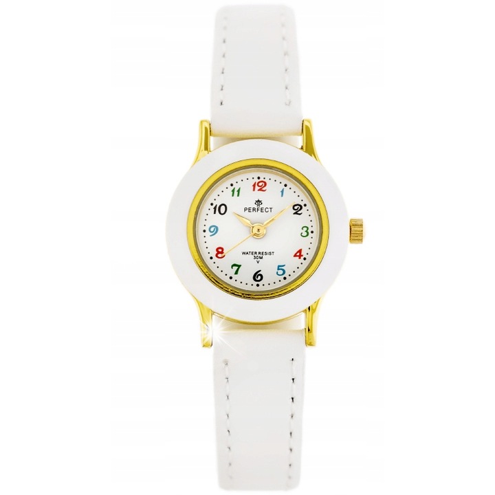 Детски часовник Perfect, модел LP165, бял, кожена каишка, кварцов механизъм, водоустойчив WR30