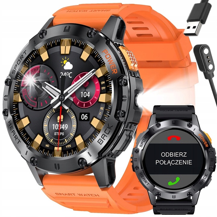 Smartwatch Gravity GT6-3, negru/portocaliu, 1.96", IP67, cu difuzor integrat, 50 moduri sport.