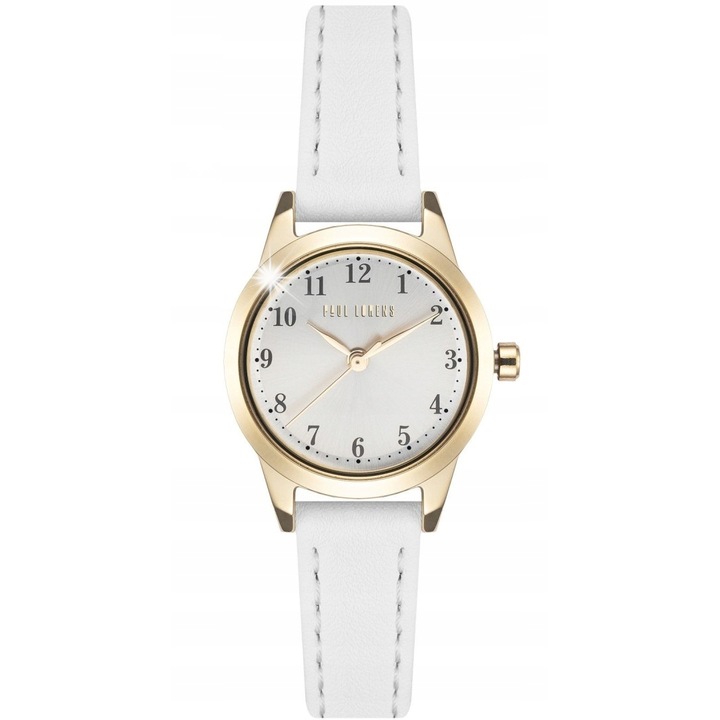Дамски часовник Paul Lorens PL9803A-3C2, кварцов механизъм, златист корпус, бяла кожена каишка, комплект