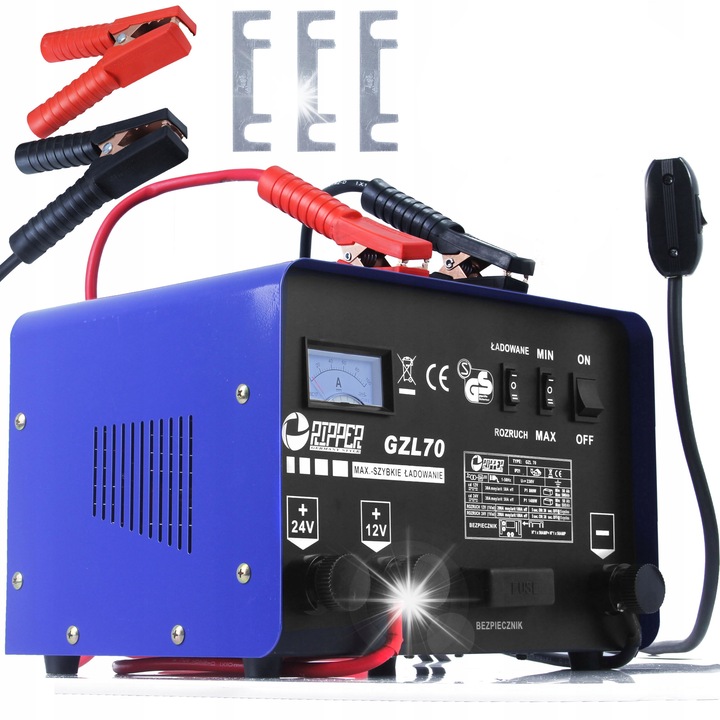 Mar-Pol GZL-70 autó akkumulátortöltő, gyors töltés, túlfeszültség védelem, 12V/24V, 21x16x8.7cm, 2 bilincs készlettel