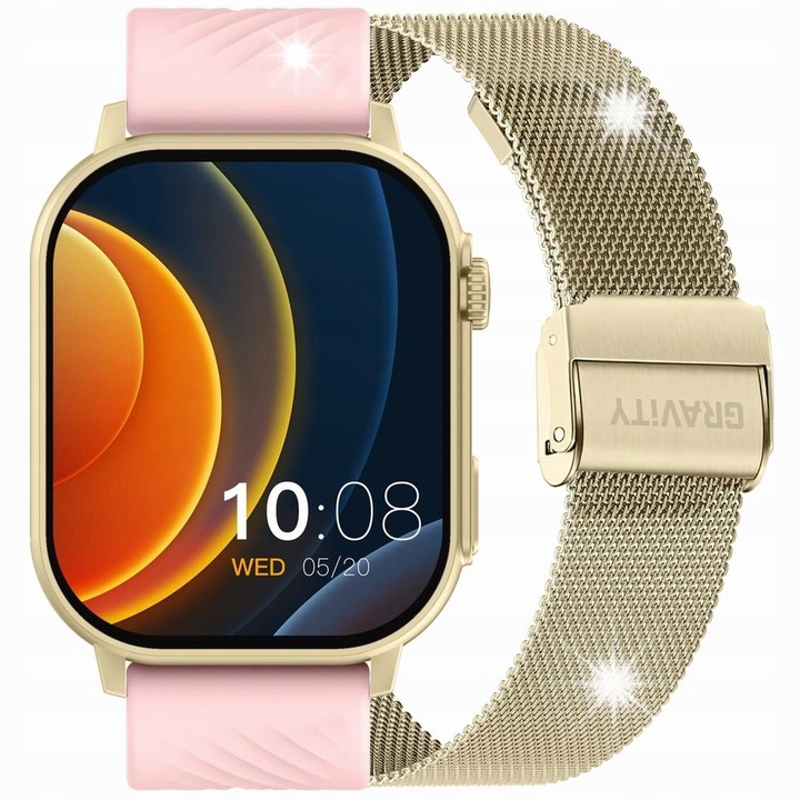 Smartwatch Gravity, set cu bratara din otel si curea din cauciuc, functii de monitorizare a sanatatii, impermeabil, 48x12,9mm, argintiu/negru/oranj