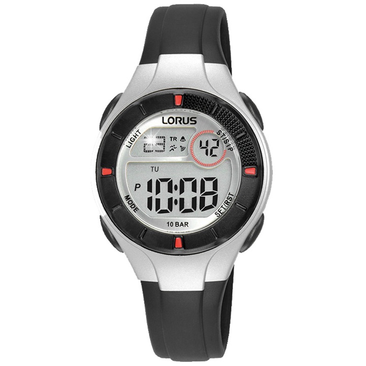 Спортен часовник Lorus R2339PX9, кварцов механизъм, водоустойчив 100м, черен/сребрист, 31x31мм, комплект с инструкции и кутия