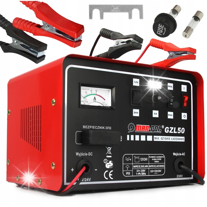 Mar-Pol GZL-50 autóakkumulátor töltő, 12V/24V, 30A, gyors töltés funkció, tartalék biztosítékokkal