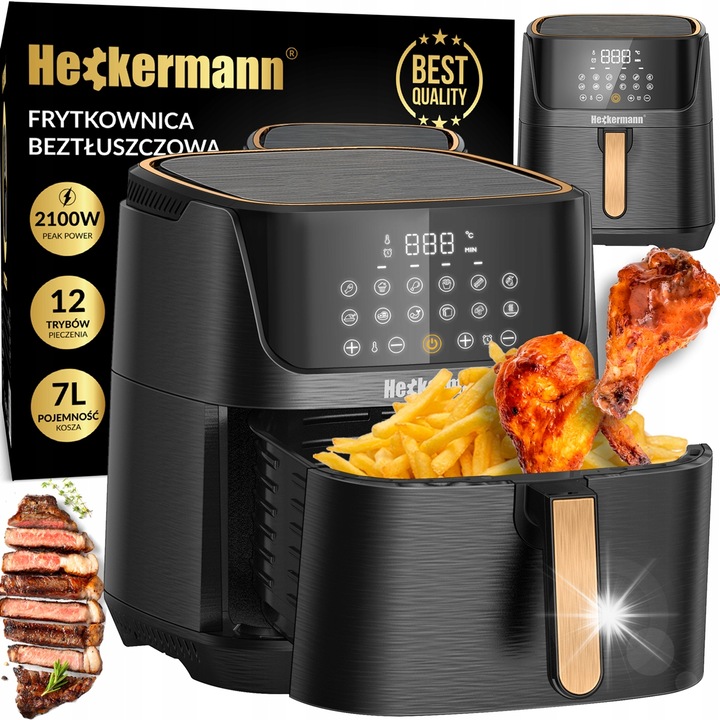 Heckermann 2100W olajmentes fritőz, 7 literes kapacitás, érintőpanellel, rozsdamentes acél