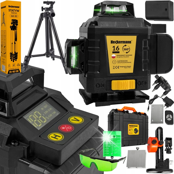 Nivela laser 360 Heckermann, model 2024, verde, cu stativ 102cm, 16 linii, IP54