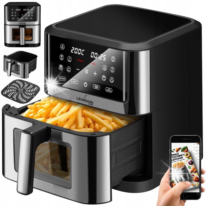 Lehmann Bakado 8L olajsütő, 1800W, 12 funkció, fekete, méretek 40,2x35,5x37,6cm