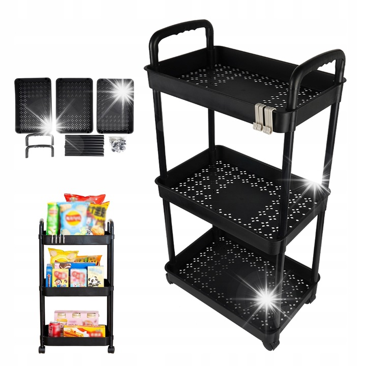 Tárolókocsi, fekete, 29x39x76cm, 4 forgó kerékkel, vasból és műanyagból