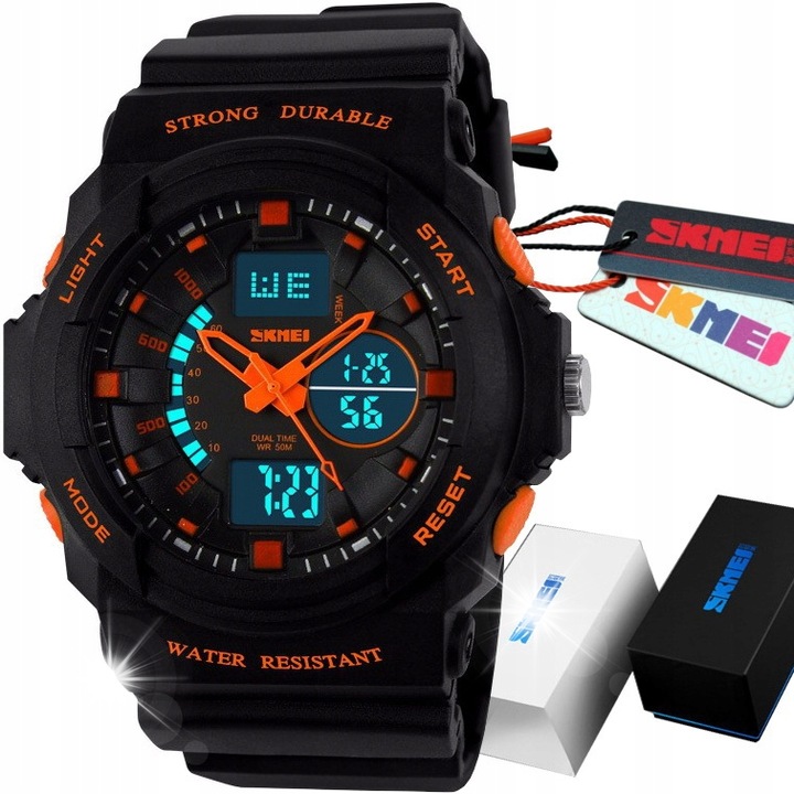 Детски спортен часовник Skmei, японски механизъм, корпус от неръждаема стомана, водоустойчив 50м, 40x42x11мм, силиконова каишка, 24см