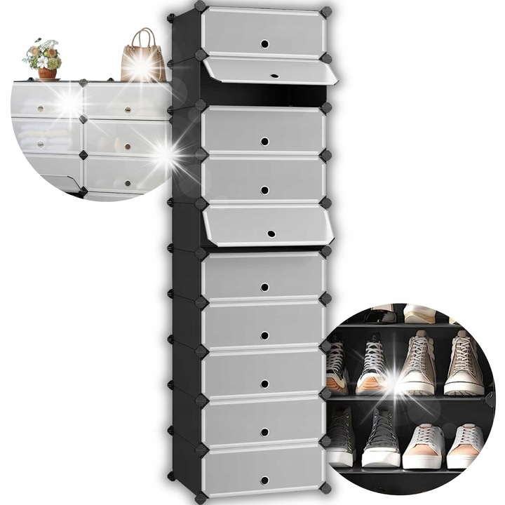 Songmics moduláris cipős szekrény, 10 szintes, 20-30 pár kapacitás, fekete, 43x31x173cm