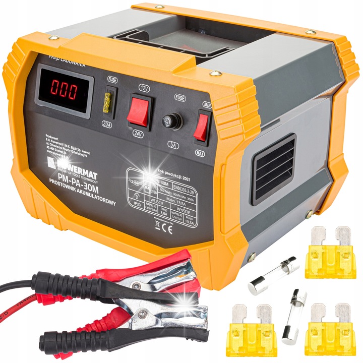 Powermat PM-PA-30M autóakkumulátor töltő 12V/24V, 20-30A, 300x230x230mm, digitális ampermérővel