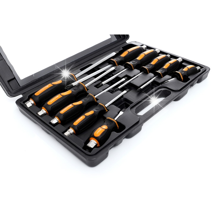 Комплект от 10 отвертки Kraft&Dele, плосък и Филипс тип, с ергономична дръжка, пластмасова кутия