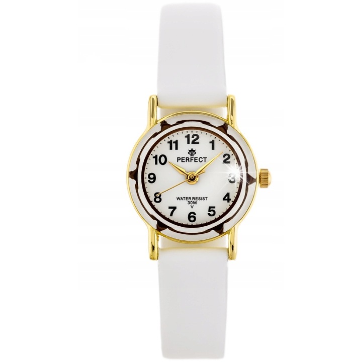 Детски часовник Perfect, модел L248, бял, кожена каишка, златист корпус, размери 22x28x7мм