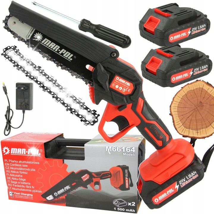 Láncfűrész Mar-Pol, vezeték nélküli elektromos reszelő, 2 akkumulátor, 2 lánc, 21V, 1500W, 18cm