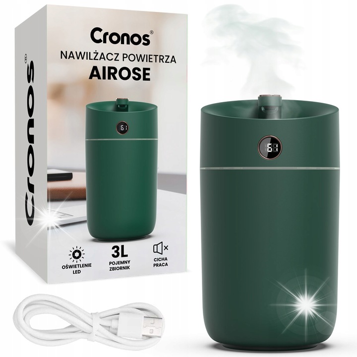 Umidificator Cronos ultrasonic cu lampa difuzor aromaterapie 3L, verde