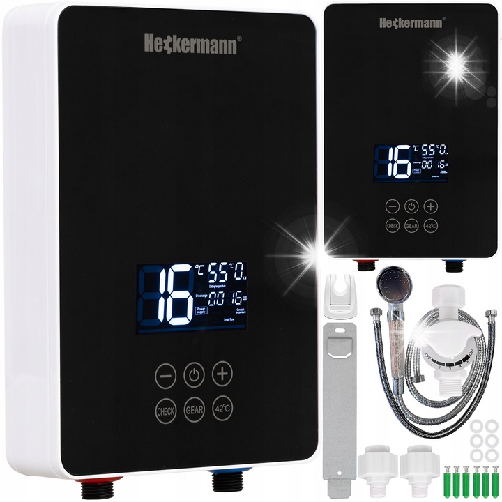 Heckermann 6000W elektromos átfolyós vízmelegítő, fekete, méretei 280x190x65mm, elektronikus kijelzővel