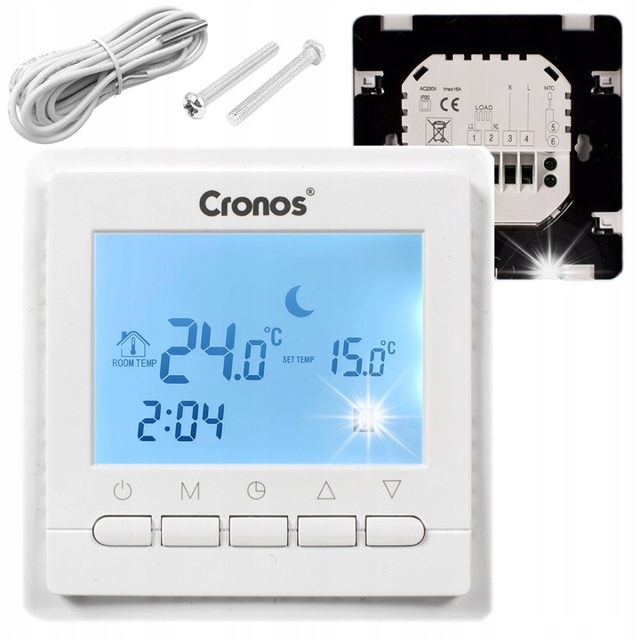 Cronos termosztát padlófűtéshez, 3A 16A, LCD kijelző, 86x86x17mm