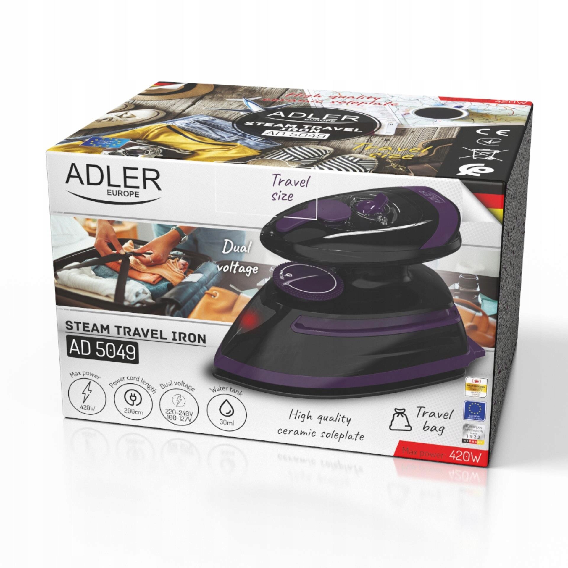 Fier de calcat ADLER Dual Voltage, de voiaj, cu aburi, talpa ceramica, cu husa de transport, mov/negru
