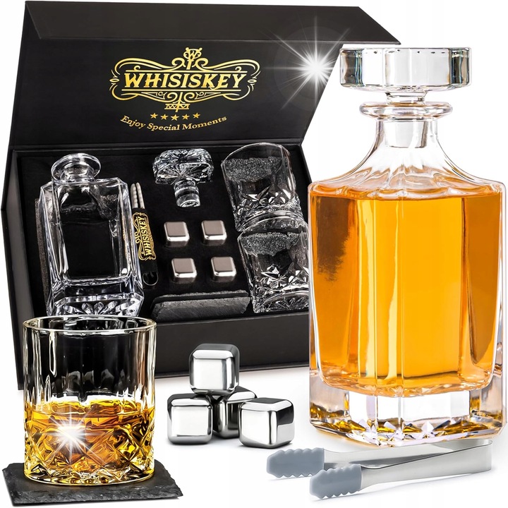 Комплект гарафа и 2 чаши за уиски, 4 охлаждащи камъка, 700мл, 310мл, стъкло