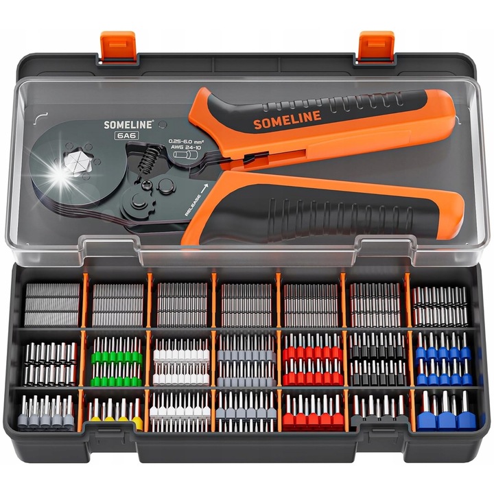 Kábel krimpelő fogó, 210 csatlakozó, 0,34-6mm, fekete + narancs, 23cm, komplett készlet