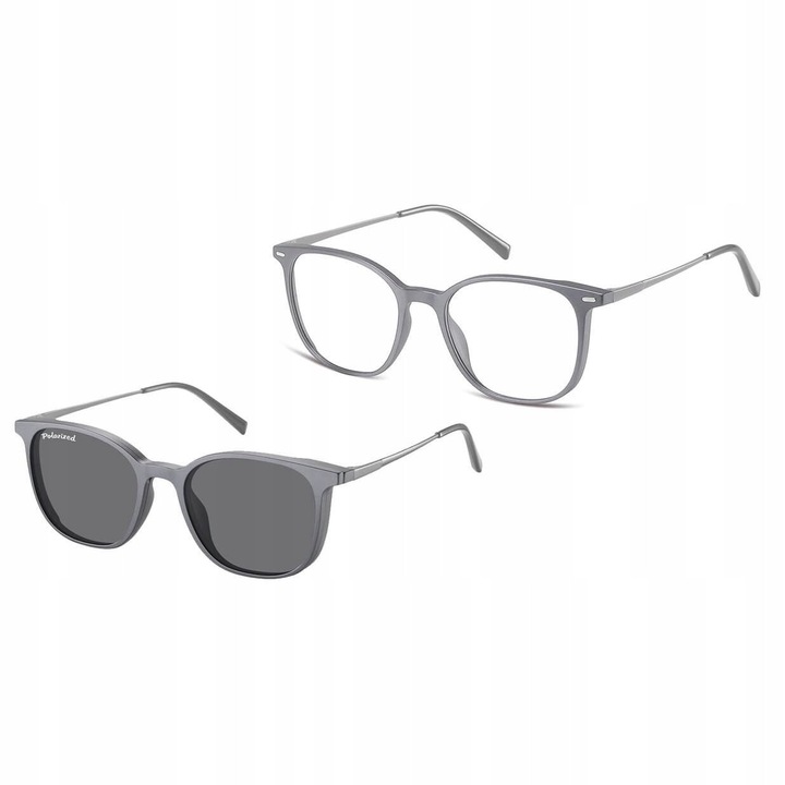 Ochelari de vedere 2 in 1 Sunoptic CLIP-TRC-194C-1, polarizati, ovali, gri, set 2 piese, 52x18x145mm