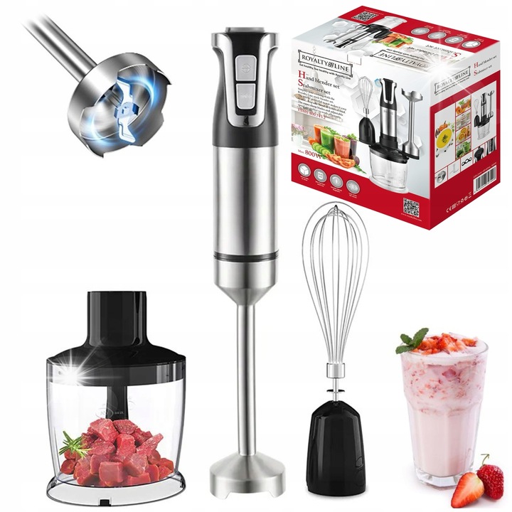 Royalty Line kézi turmixgép, 800W, 3 az 1-ben készlet, rozsdamentes acél pengével, fekete színű
