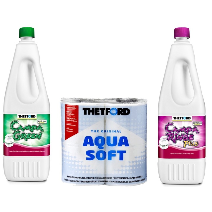 Thetford 3L hordozható WC folyadékkészlet, 2 x 1,5L Green + Rinse Plus, 4 tekercs Aqua Soft papír