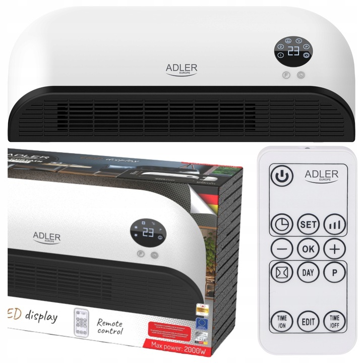 Електрическа аеротерма с LED дисплей, 2kW, функция за вентилация, AVENIDO, 450x186x128mm, пълен комплект