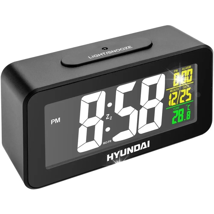 Hyundai ébresztőóra, hőmérővel, nagy kijelzővel, fekete, 135x75x50mm