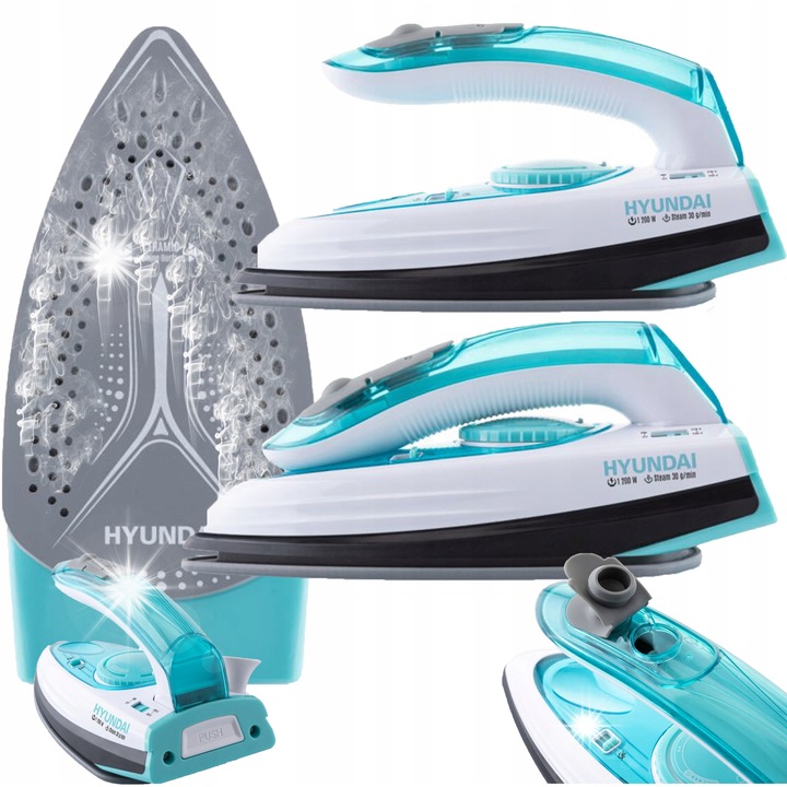 Fier de calcat turistic, Hyundai, ceramica, 1200W, abur, albastru, 19.5x10x9cm