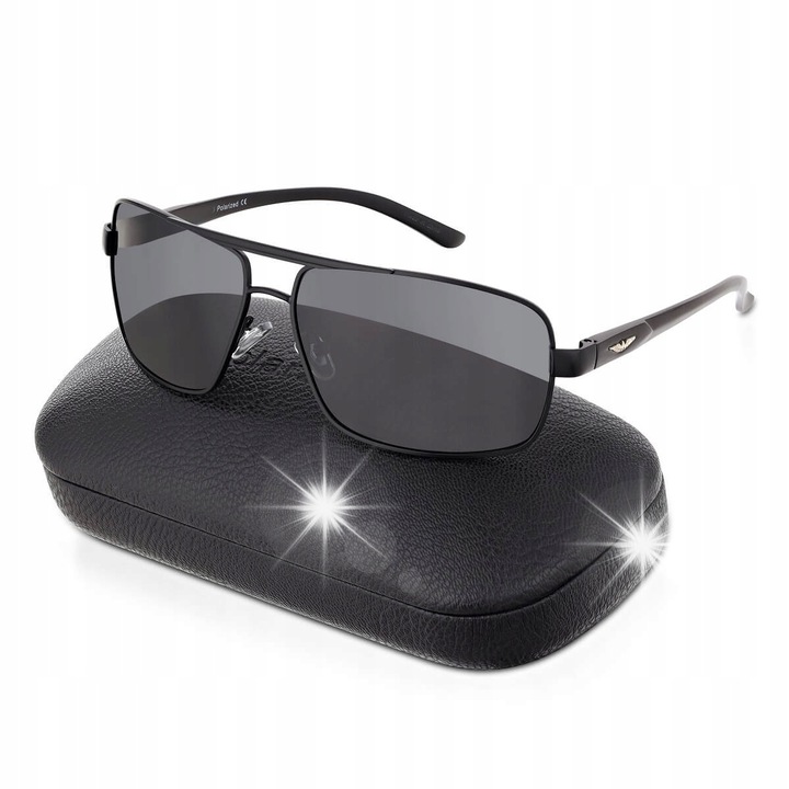 Мъжки слънчеви очила PolarZONE Pilotki polaroid, черни, златна метална рамка, размери 14.5x4.8см, комплект с калъф и кърпичка