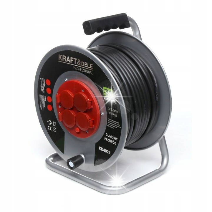 Удължител Kraft&Dele 30м, 4 контакта, черен кабел, 3x2,5мм, с метална макара, термична защита