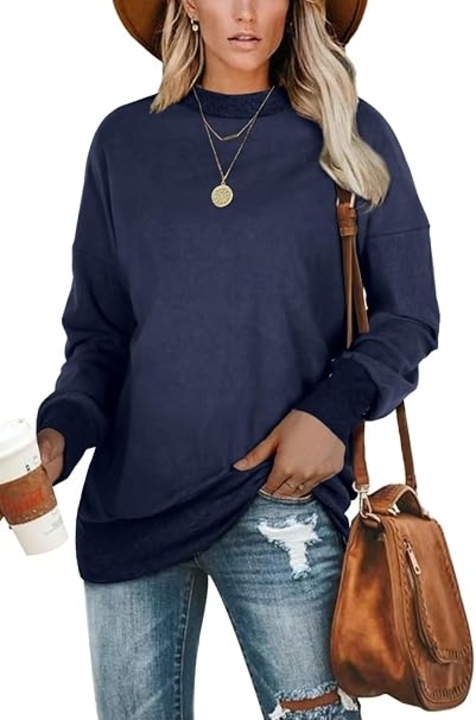 Pulover dama oversize, cu maneca lunga si guler rotund, umeri lasati, din material elastic si confortabil, potrivit pentru toamna si iarna – Stil casual, versatil si durabil, Bleumarin, Marimea M