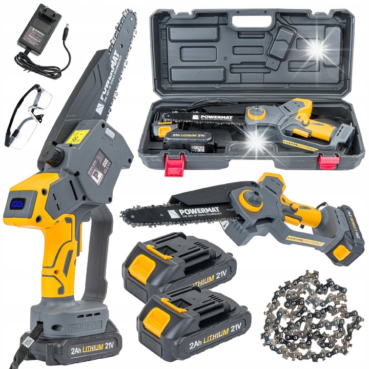 PowerMat elektromos láncfűrész, PM-MPA-2AHM modell, 2x 2Ah akkumulátor, 8" (240mm), súly 1,6kg, hordtáskával
