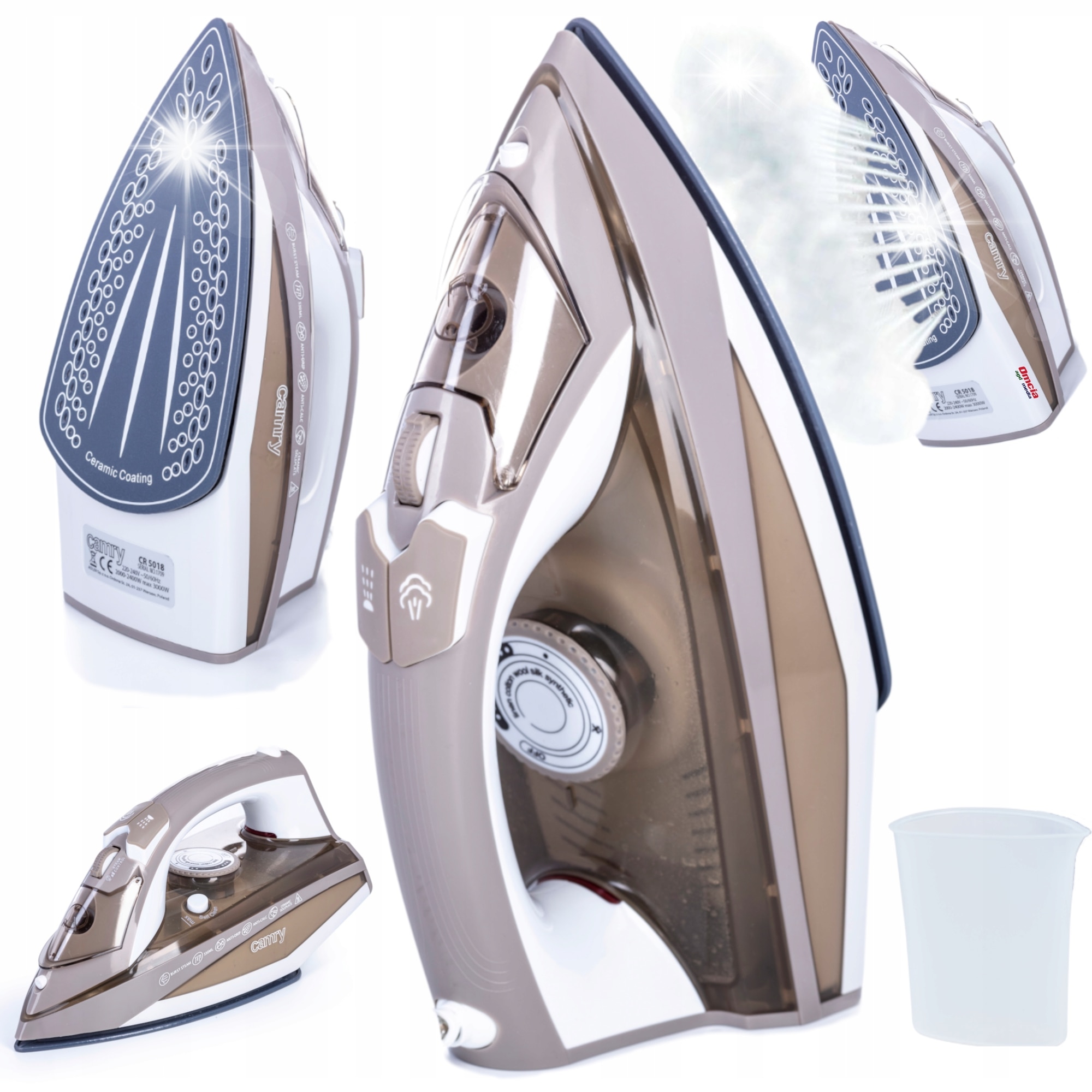 Fier de calcat cu abur Camry CR 5018, ceramica, 3000W, bej/maro, 320ml, set de functii auto-curatare si blocare picurare