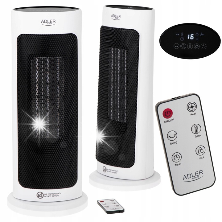 Kerámia hősugárzó távirányítóval, 2000W, ventilátor funkció, LED kijelző, 25m², 17x17x41.5cm