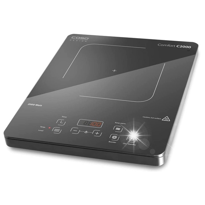 Caso Comfort C2000 hordozható elektromos főzőlap, 2000W, túlmelegedés elleni védelem, melegen tartás funkció, fekete, 28x36x6.5cm