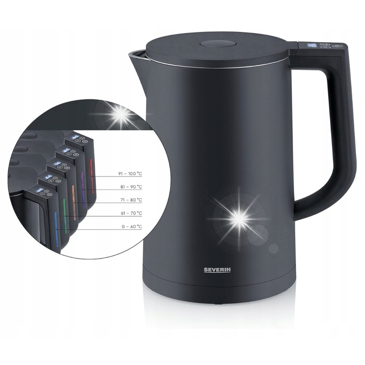 Електрическа кана Severin, модел WK 3484, регулиране на температурата, Cool-Touch, черна, 21,8x23,8x16см