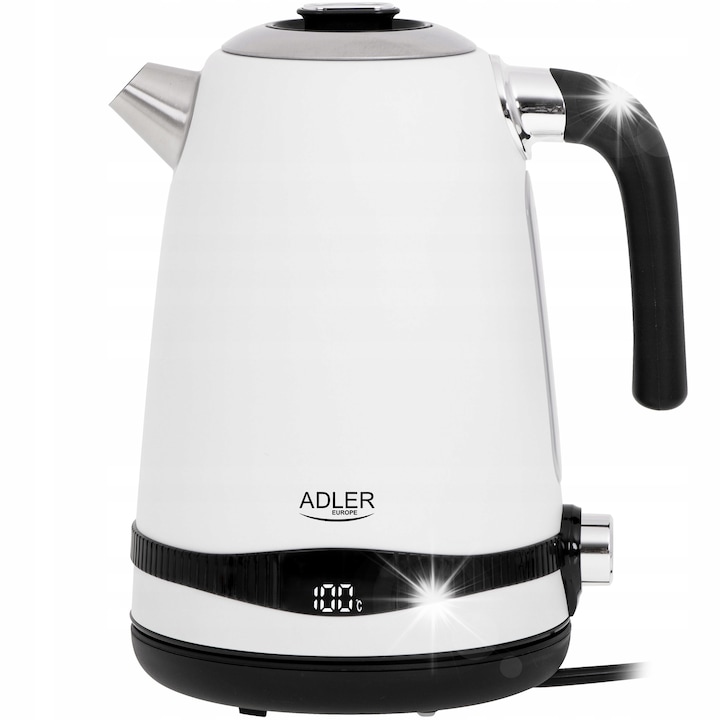 Fierbator electric Adler AD 1299, 1,5L, alb, cu functie de reglare a temperaturii 60-100°C, design din sticla