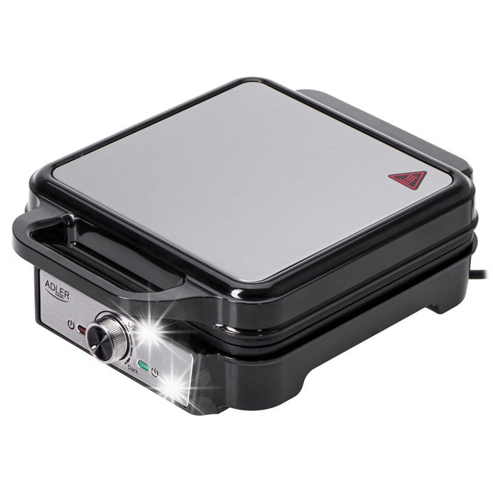 Adler gofrisütő 4 nagy gofrihoz, 1800W teljesítmény, hőmérséklet-szabályozás, ezüst-fekete design