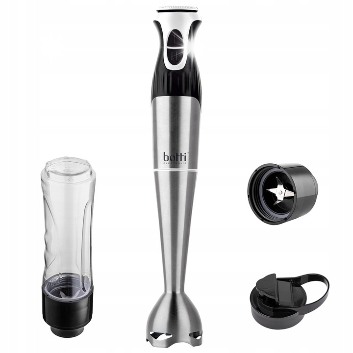 Blender Botti, 1200W, 4 lame din inox, functie Turbo, set cu bidon 600ml, argintiu cu detalii negre si albe