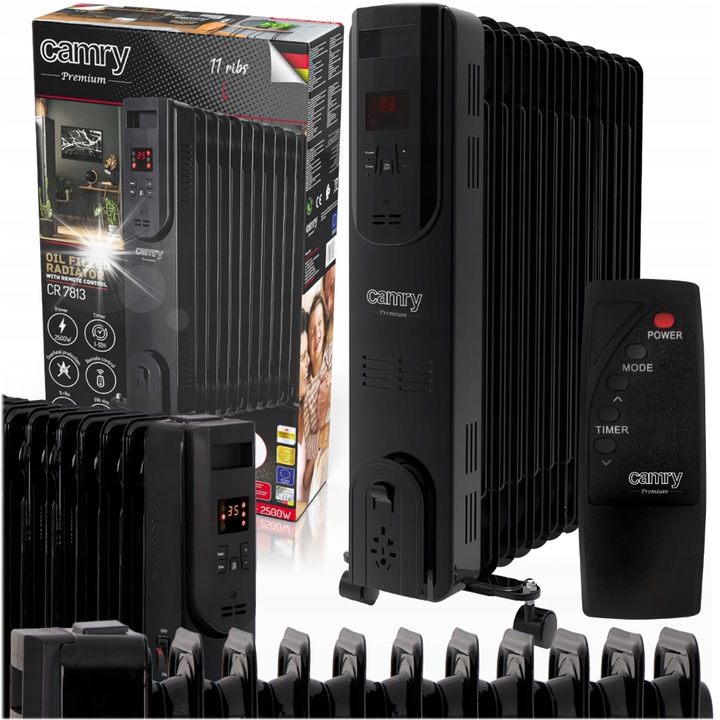 Radiator electric cu ulei 2500W, 11 elemente, termostat, telecomanda, negru, Camry