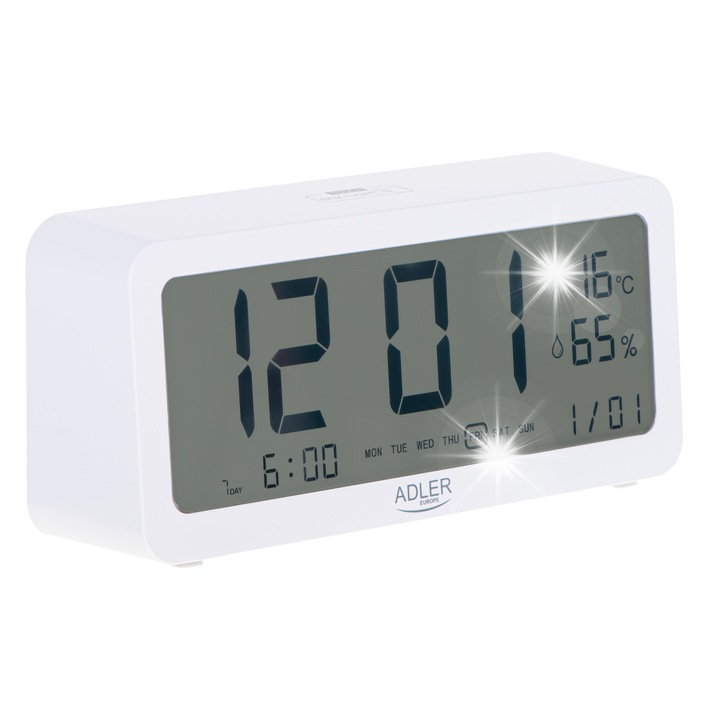 Adler AD 1195 ébresztőóra, fehér, megvilágított kijelzővel, 3 ébresztővel, 2 AA elemmel működik