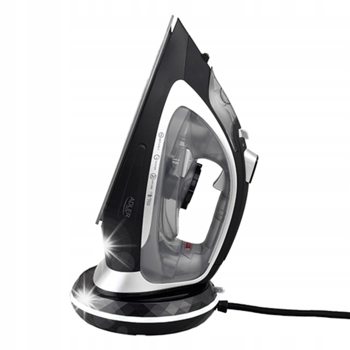 Fier de calcat fara fir Adler AD 5043, 2800W, abur continuu 30g/min, capacitate rezervor 300ml, negru-argintiu, dimensiuni 33.0x19.0x16.0cm