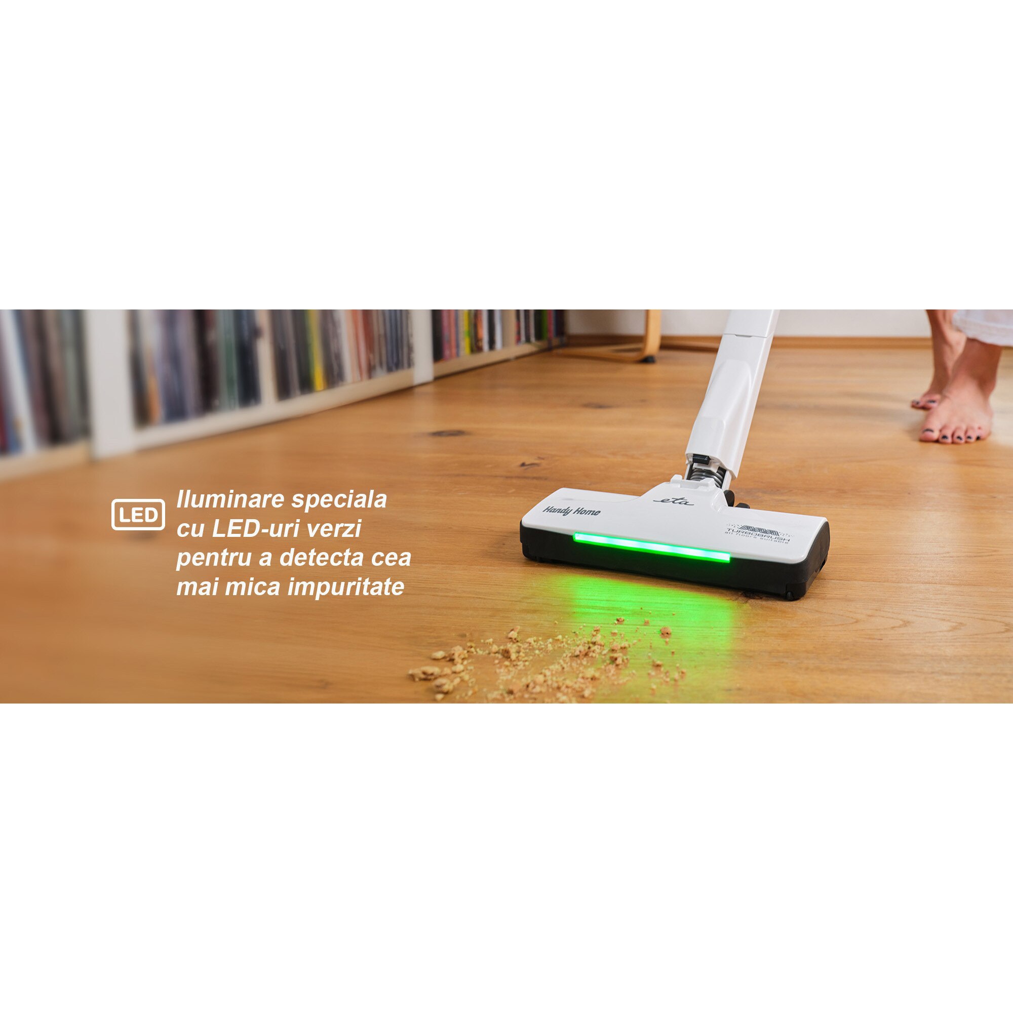 Aspirator vertical fara fir 2 in 1 ETA Handy Home 5428 90000, Li-Ion 10.8 V, Motor BLDC 120W, Filtru HEPA, LED, Autonomie 25 min, Alb